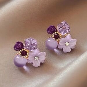 Purple Rose Flower Crystal Gold Toned Stud Earrings